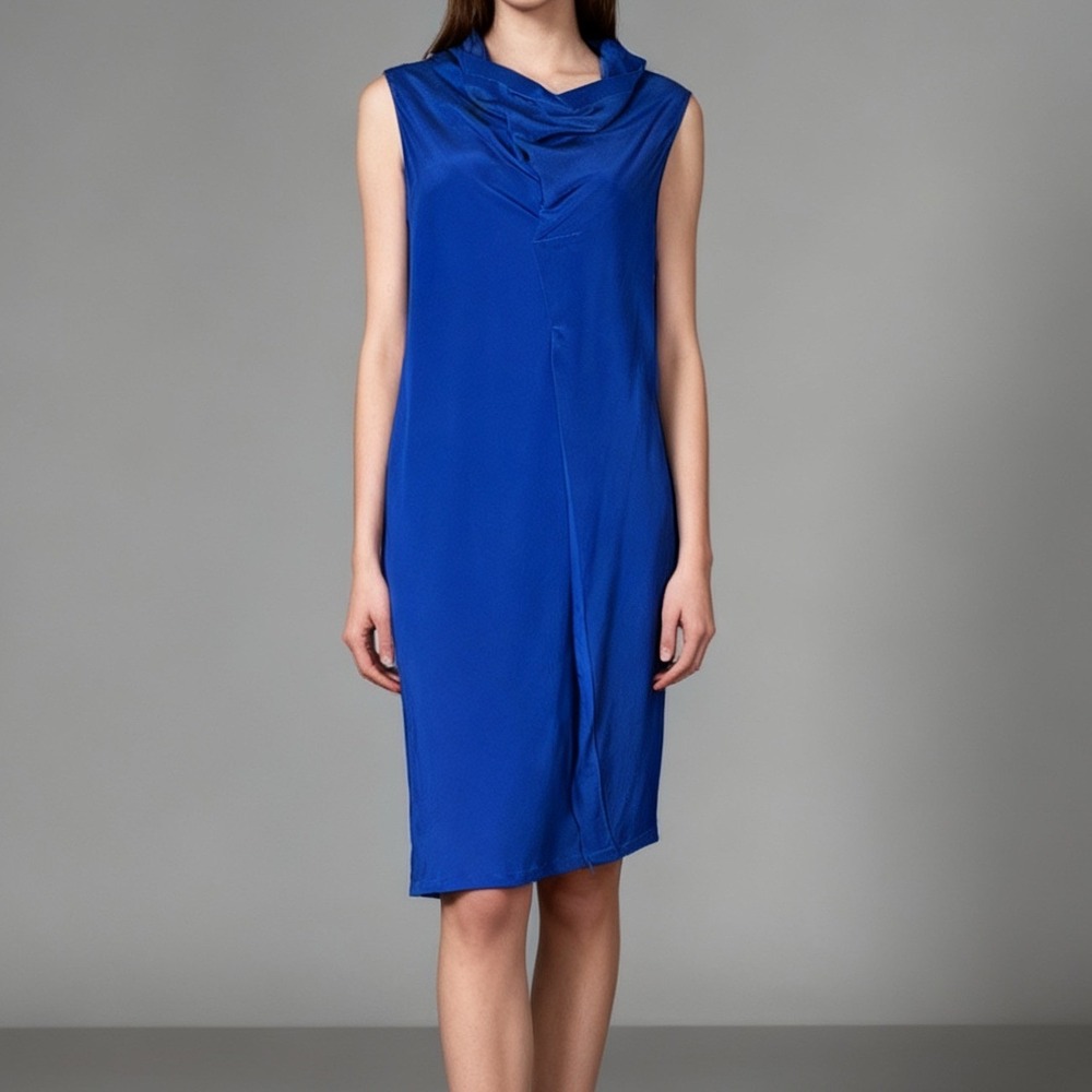 CRUBA Tuck Silk Dress Cowl Neck Minimalist Sleeveless Shift Blue size 42 / US 10